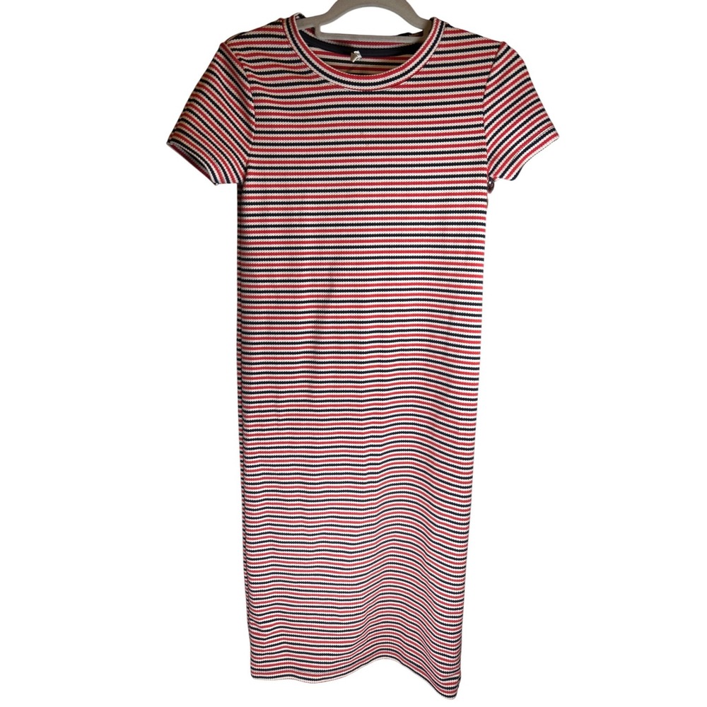 Stradivarius Women Striped Knit Midi Dress Red White Blue Short Sleeve Size L